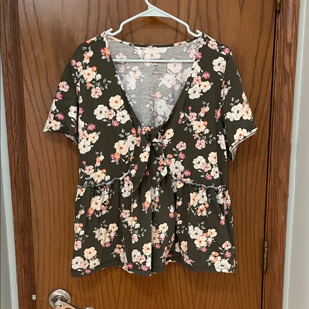 torrid Olive Green Floral Tie-Front Peplum Top